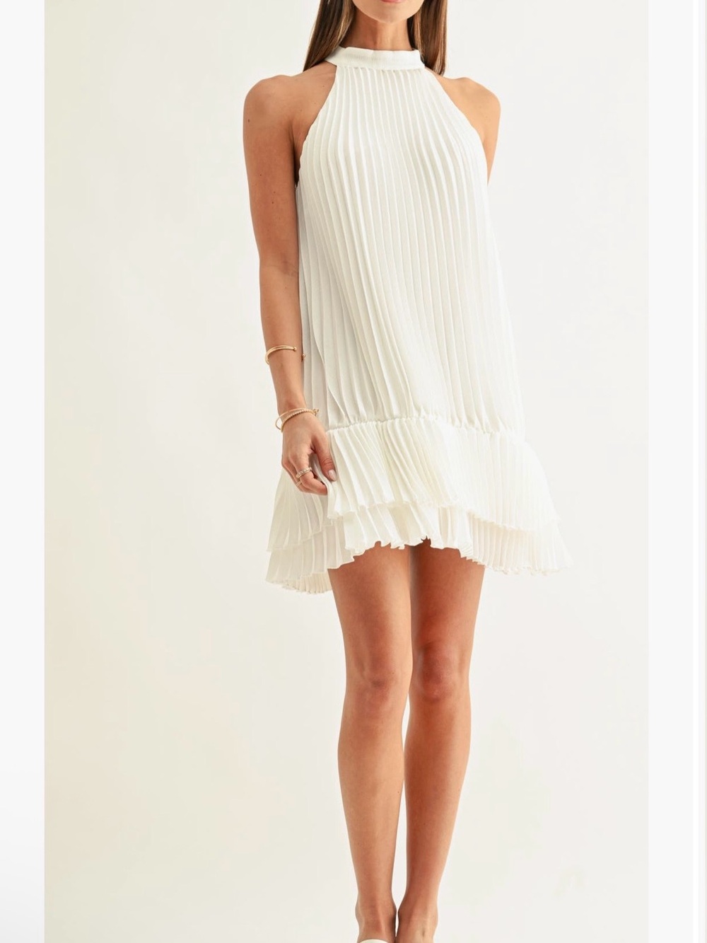 Adelyn Rae Ivory Pleated Halter Mini Dress with Ruffle Hem
